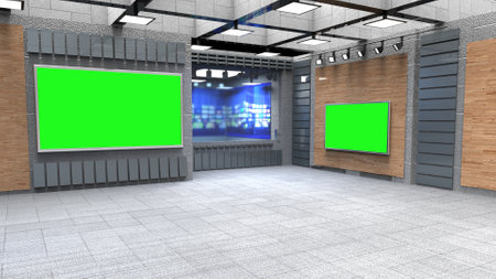 Backdrop For TV Shows .TV On Wall.3D Virtual News Studio Background, 3d illustrationの写真素材