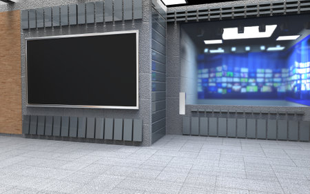 Backdrop For TV Shows .TV On Wall.3D Virtual News Studio Background, 3d illustrationの写真素材