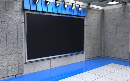 Backdrop For TV Shows .TV On Wall.3D Virtual News Studio Background, 3d illustrationの写真素材