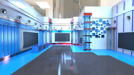 News Studio, Backdrop For TV Shows .TV On Wall.3D Virtual News Studio Background, 3d illustrationの写真素材