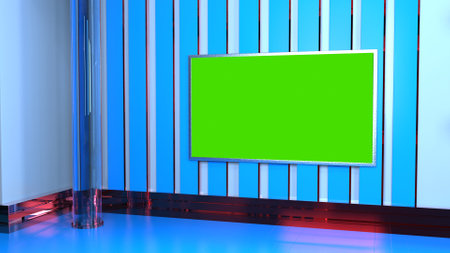 News Studio, Backdrop For TV Shows .TV On Wall.3D Virtual News Studio Background, 3d illustrationの写真素材