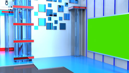News Studio, Backdrop For TV Shows .TV On Wall.3D Virtual News Studio Background, 3d illustrationの写真素材
