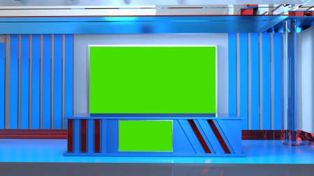 News Studio, Backdrop For TV Shows .TV On Wall.3D Virtual News Studio Background, 3d illustrationの写真素材