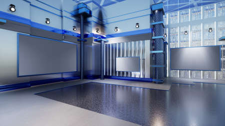 News Studio, Backdrop For TV Shows .TV On Wall.3D Virtual News Studio Background, 3d illustrationの写真素材