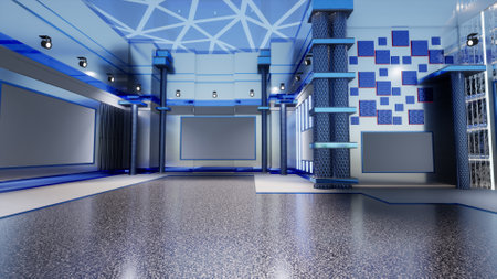 News Studio, Backdrop For TV Shows .TV On Wall.3D Virtual News Studio Background, 3d illustrationの写真素材