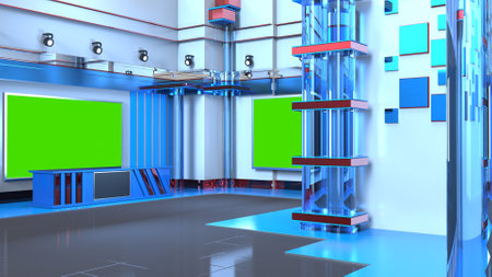 News Studio, Backdrop For TV Shows .TV On Wall.3D Virtual News Studio Background, 3d illustrationの写真素材