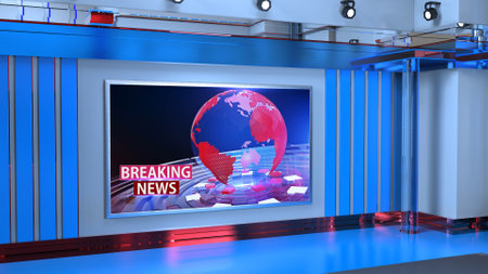 News Studio, Backdrop For TV Shows .TV On Wall.3D Virtual News Studio Background, 3d illustrationの写真素材