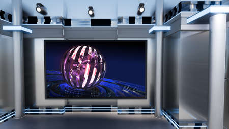 News Studio, Backdrop For TV Shows .TV On Wall.3D Virtual News Studio Background, 3d illustrationの写真素材