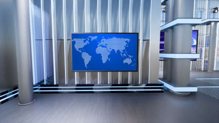 News Studio, Backdrop For TV Shows .TV On Wall.3D Virtual News Studio Background, 3d illustrationの写真素材