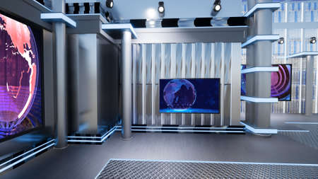 News Studio, Backdrop For TV Shows .TV On Wall.3D Virtual News Studio Background, 3d illustrationの写真素材