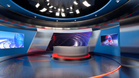 News Studio, Backdrop For TV Shows .TV On Wall.3D Virtual News Studio Background, 3d illustrationの写真素材