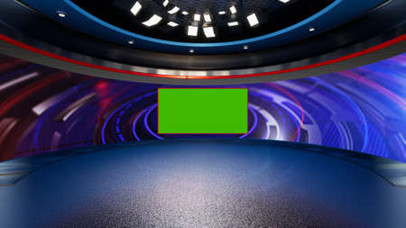 News Studio, Backdrop For TV Shows .TV On Wall.3D Virtual News Studio Background, 3d illustrationの写真素材