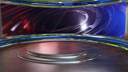 News Studio, Backdrop For TV Shows .TV On Wall.3D Virtual News Studio Background, 3d illustrationの写真素材