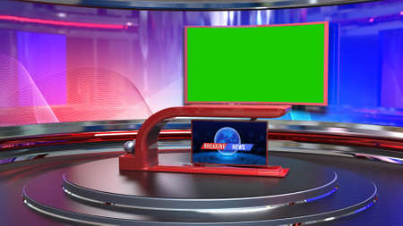 News Studio, Backdrop For TV Shows .TV On Wall.3D Virtual News Studio Background, 3d illustrationの写真素材