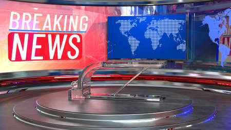 News Studio, Backdrop For TV Shows .TV On Wall.3D Virtual News Studio Background, 3d illustrationの写真素材