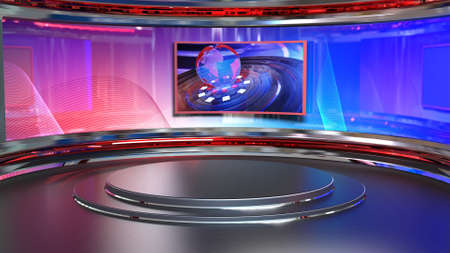 News Studio, Backdrop For TV Shows .TV On Wall.3D Virtual News Studio Background, 3d illustrationの写真素材