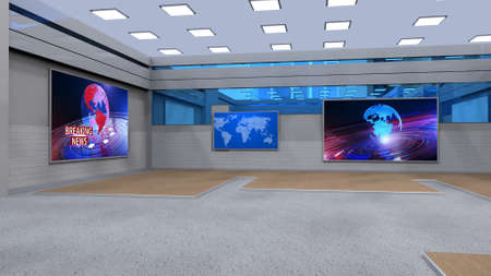 News Studio, Backdrop For TV Shows .TV On Wall.3D Virtual News Studio Background, 3d illustrationの写真素材