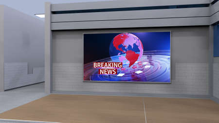 News Studio, Backdrop For TV Shows .TV On Wall.3D Virtual News Studio Background, 3d illustrationの写真素材