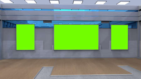 News Studio, Backdrop For TV Shows .TV On Wall.3D Virtual News Studio Background, 3d illustrationの写真素材