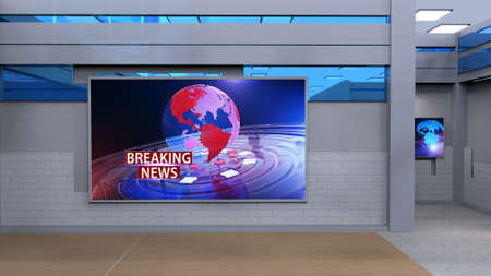 News Studio, Backdrop For TV Shows .TV On Wall.3D Virtual News Studio Background, 3d illustrationの写真素材