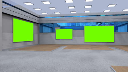 News Studio, Backdrop For TV Shows .TV On Wall.3D Virtual News Studio Background, 3d illustrationの写真素材