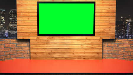 News Studio, Backdrop For TV Shows .TV On Wall.3D Virtual News Studio Background, 3d illustrationの写真素材