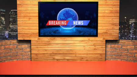 News Studio, Backdrop For TV Shows .TV On Wall.3D Virtual News Studio Background, 3d illustrationの写真素材