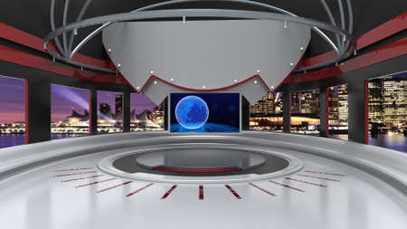News Studio, Backdrop For TV Shows .TV On Wall.3D Virtual News Studio Background, 3d illustrationの写真素材