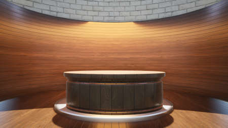 Wooden table with plank background in news studioの写真素材