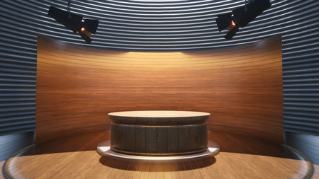 wood table with green background in news studioの写真素材