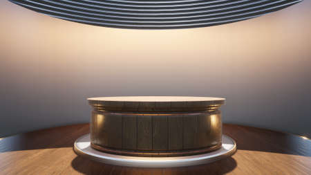 wood table with green background in news studioの写真素材