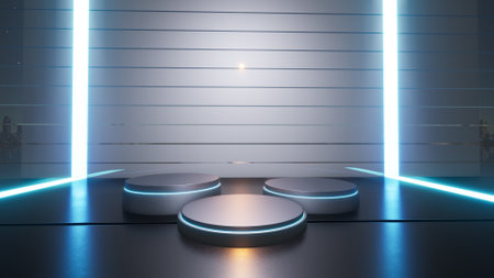 Winning Platform of the Three Centers with neon lights in the background On a shiny metal floor. 3D renderingの写真素材