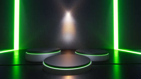 Winning Platform of the Three Centers with neon lights in the background On a shiny metal floor. 3D renderingの写真素材