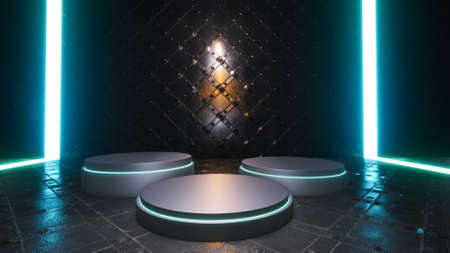 Winning Platform of the Three Centers with neon lights in the background On a shiny metal floor. 3D renderingの写真素材