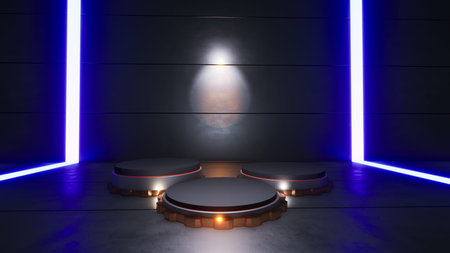 Winning Platform of the Three Centers with neon lights in the background On a shiny metal floor. 3D...
