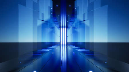 Company background, blue glass panels along the extended corridor, 3D illustrationの写真素材
