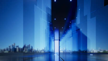 Company background, blue glass panels along the extended corridor, 3D illustrationの写真素材