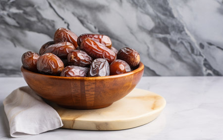 sweet dates out of wooden bowl on marble surfaceの素材