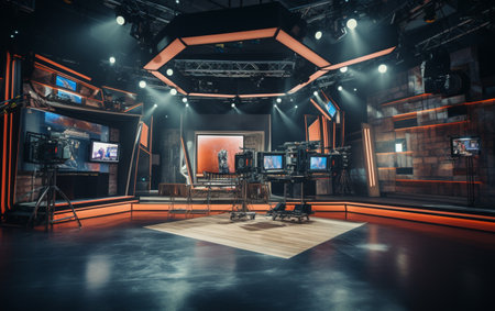 TV studio with camera and lightsの素材