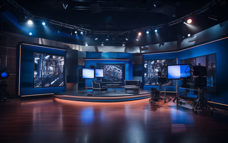 TV studio with camera and lightsの素材