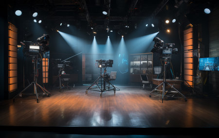 TV studio with camera and lightsの素材