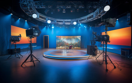 TV studio with camera and lightsの素材