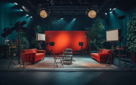 TV studio with camera and lightsの素材