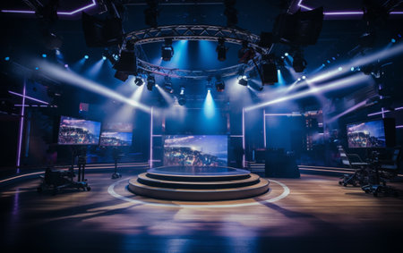 TV studio with camera and lightsの素材