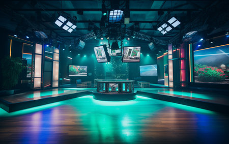 TV studio with camera and lightsの素材