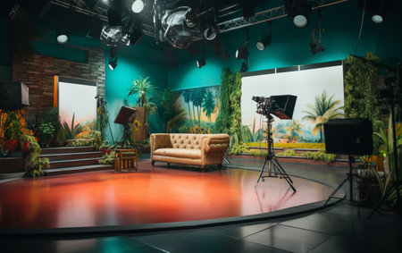 TV studio with camera and lightsの素材