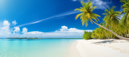 Beautiful beach with white sand, turquoise ocean, blue sky with clouds and palm tree over the waterの素材