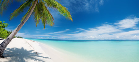 Beautiful beach with white sand, turquoise ocean, blue sky with clouds and palm tree over the waterの素材