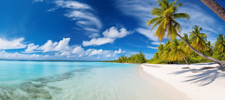 Beautiful beach with white sand, turquoise ocean, blue sky with clouds and palm tree over the waterの素材