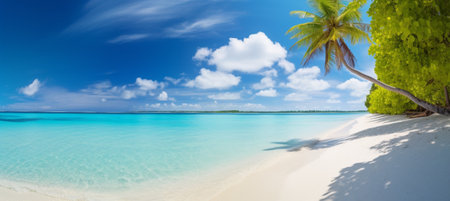 Beautiful beach with white sand, turquoise ocean, blue sky with clouds and palm tree over the waterの素材
